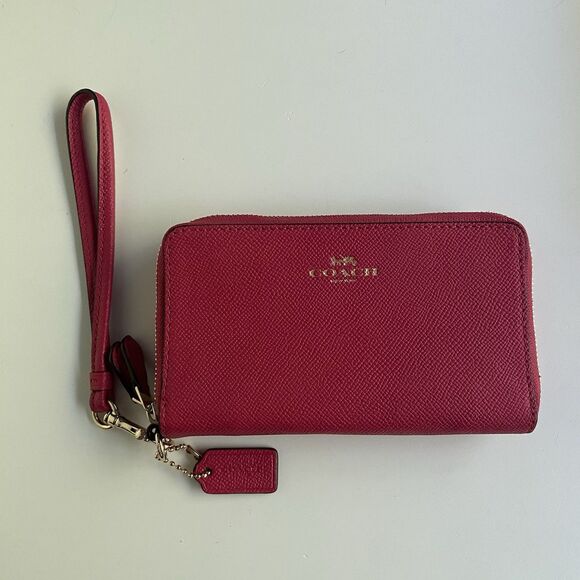 Coach Crossgrain Leather Double Zip Phone Wallet Bright Pink & Gold F57467 - Picture 1 of 12